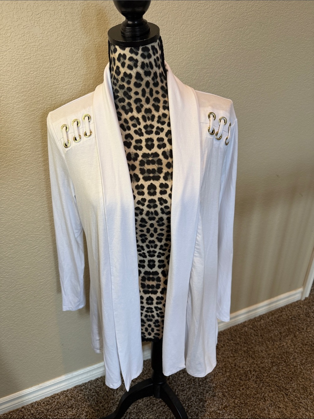 White Open-Front Women's Cardigan with Grommet Detail
